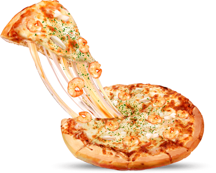 Cheesy pizza slice being lifted, with stretchy melted cheese and shrimp toppings on a white background