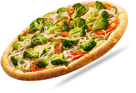 Vegetable pizza with broccoli, peppers, and onions on a white background