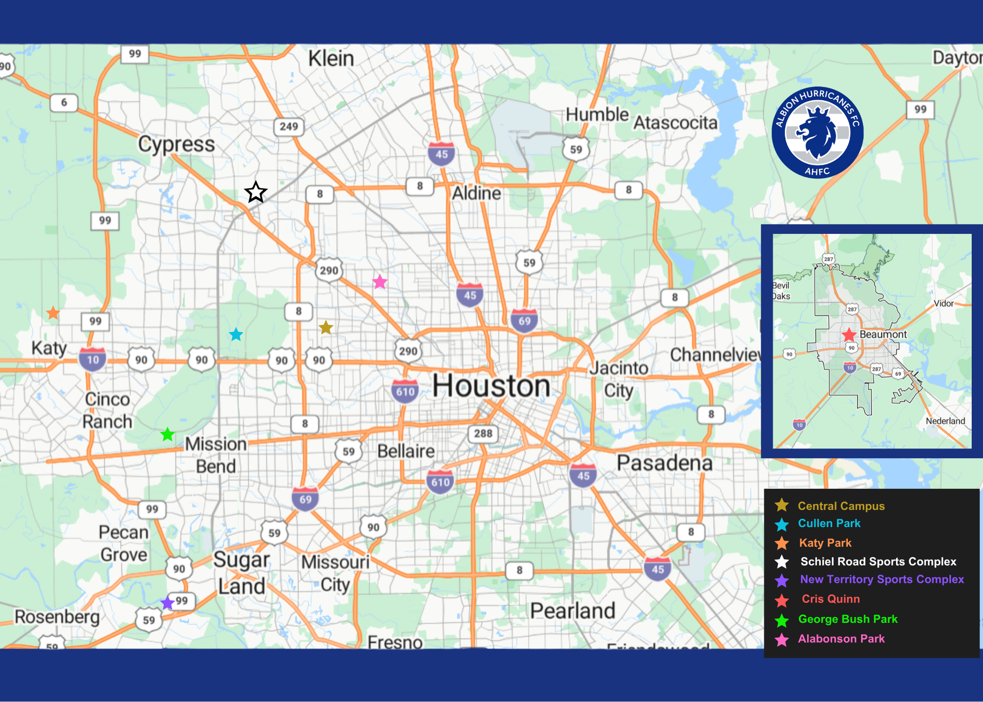 Albion Hurricanes FC map with different club campuses
