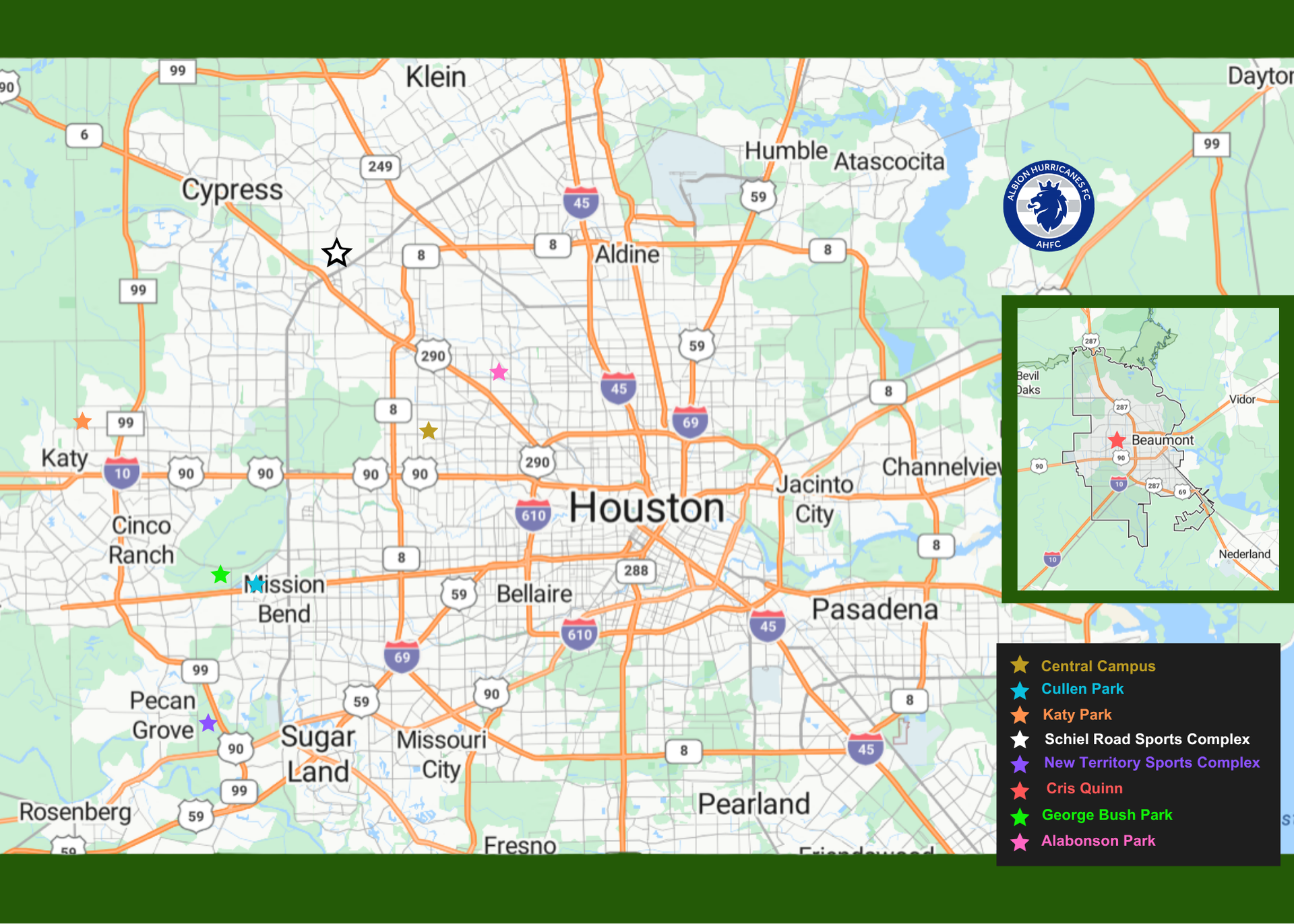 Albion Hurricanes FC map with different club campuses