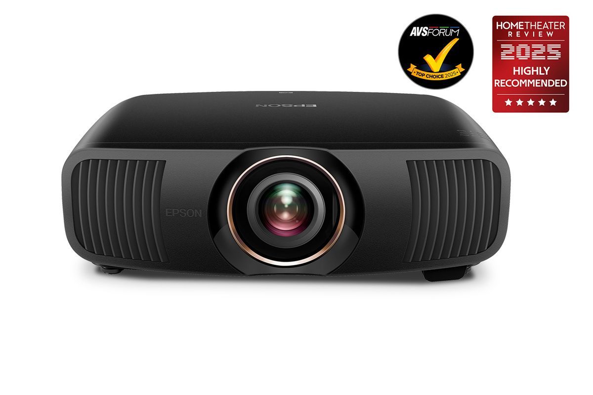 Black home theater projector with lens centered and award badge in the corner
