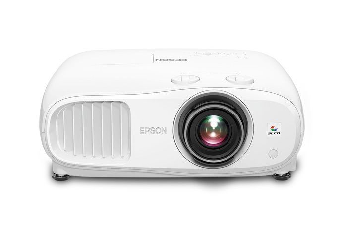 White Epson projector with lens and vents, shown front view on a white background