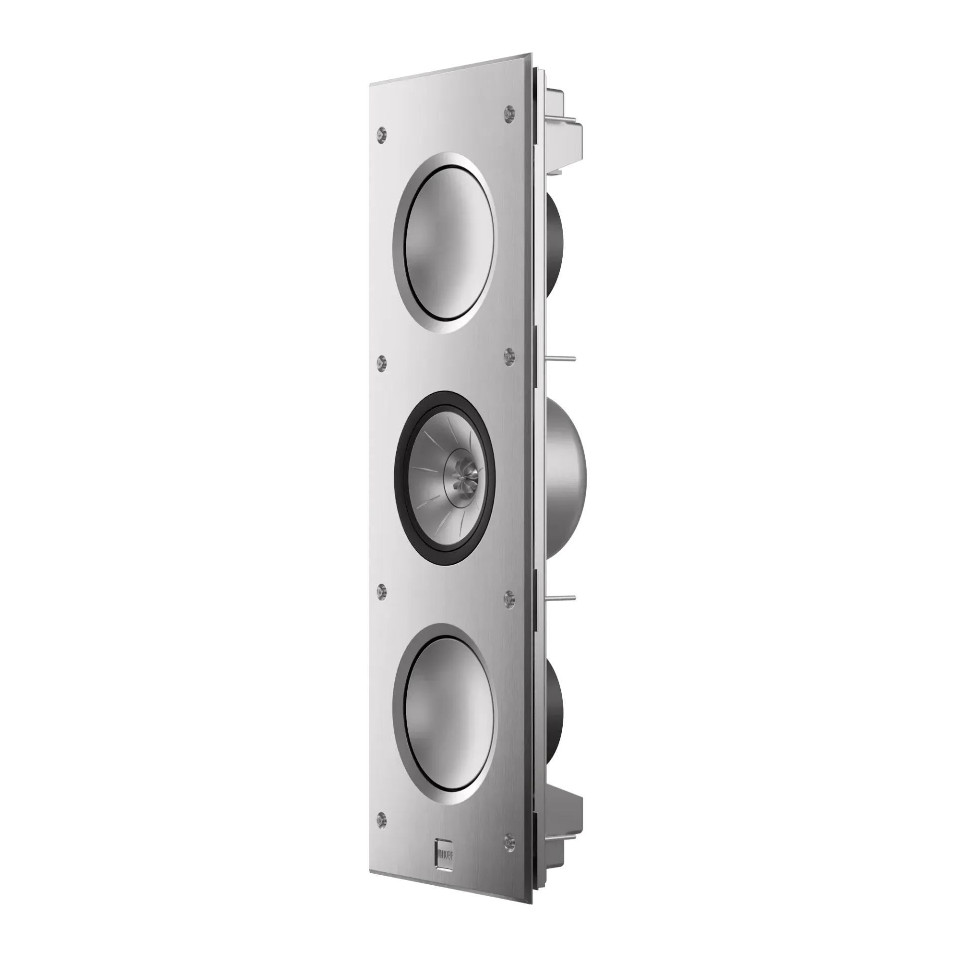 Silver vertical wall-mounted speaker with three circular drivers on a white background