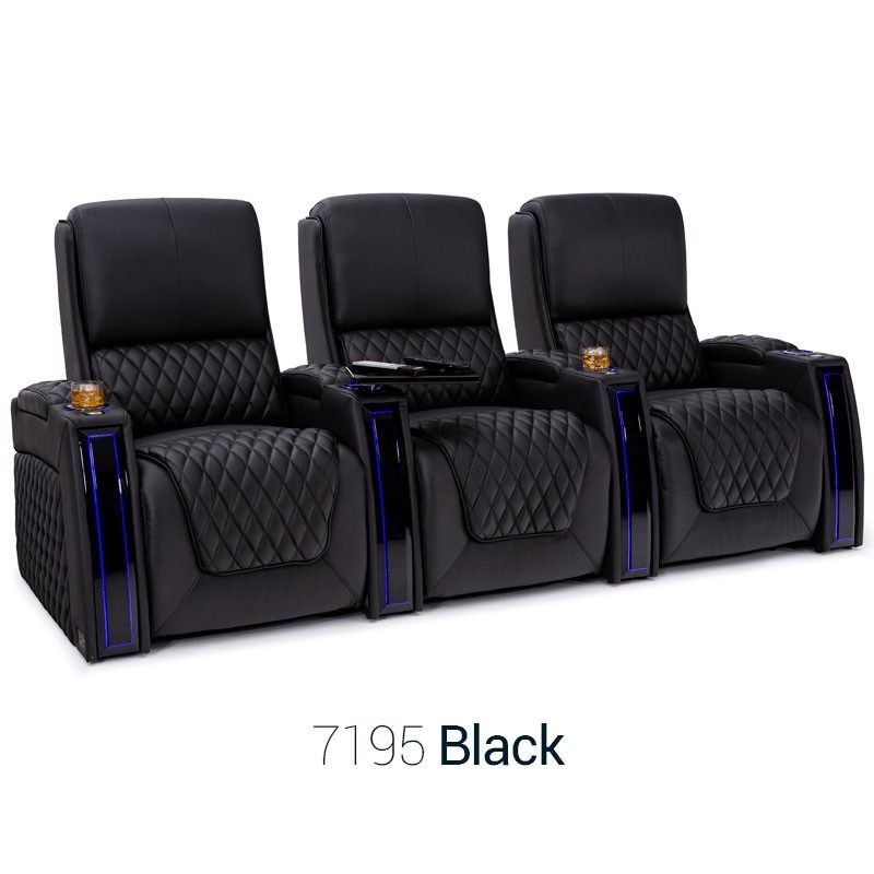 Three black leather recliner chairs with cup holders, shown in a row on a white background.