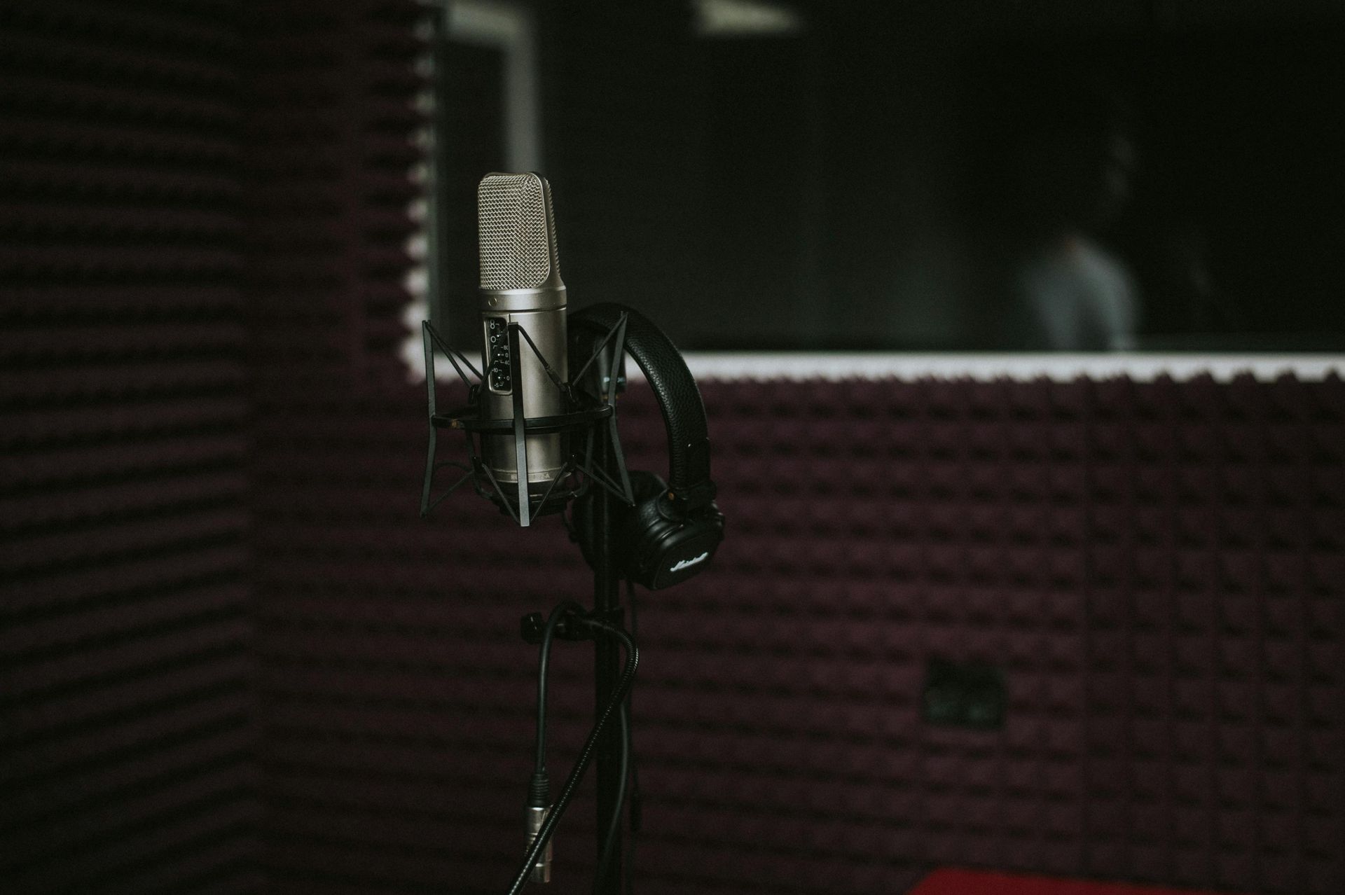 Studio microphone on a stand in a dim recording booth with soundproofing panels.