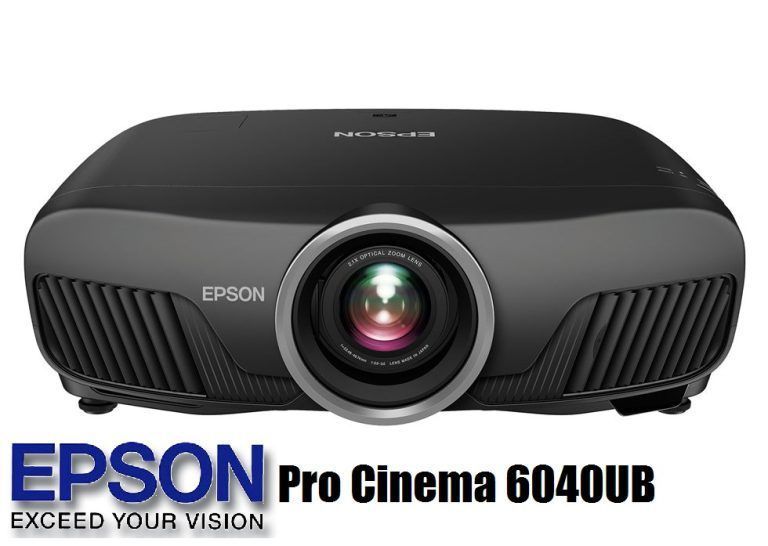 Black Epson Pro Cinema 6040UB projector on white background with blue Epson logo