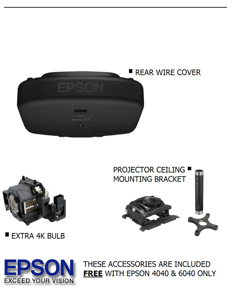 EPSON projector accessories: rear wire cover, extra 4K bulb, and ceiling mounting bracket