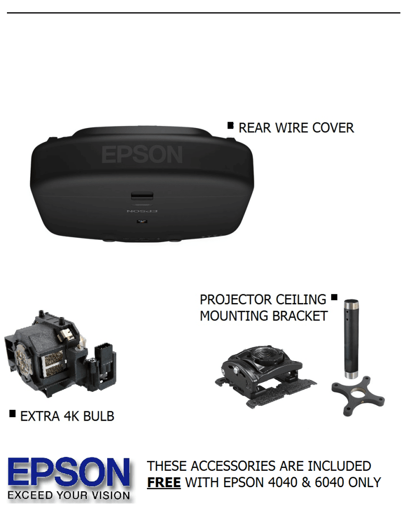 Epson projector package with 4K bulb, wire cover, and ceiling mounting bracket accessories