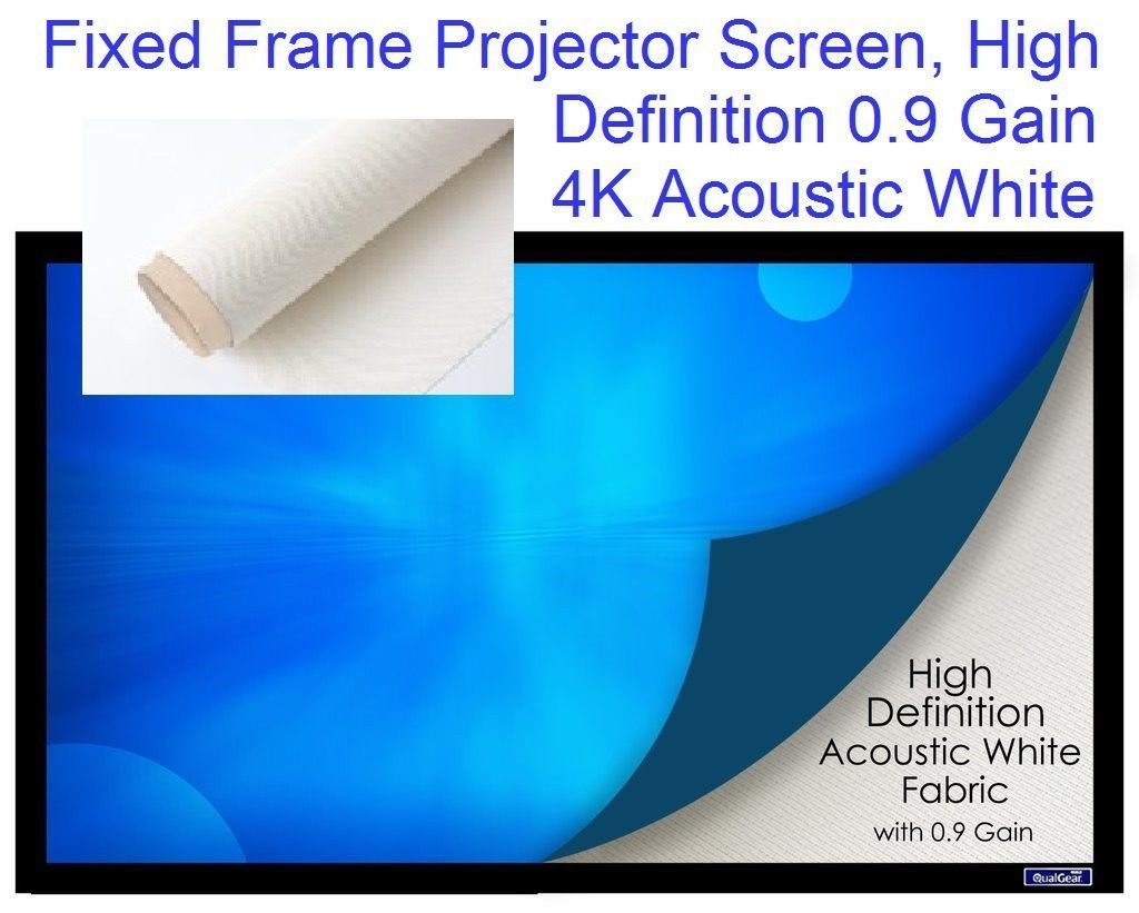 Fixed-frame projector screen with white 4K acoustic surface and blue display graphic