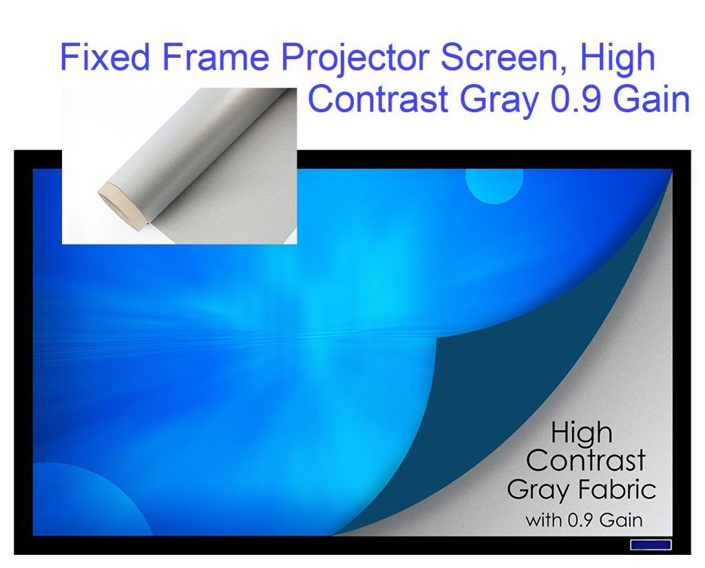 Fixed frame projector screen with gray fabric and blue image, labeled high contrast gray 0.9 gain