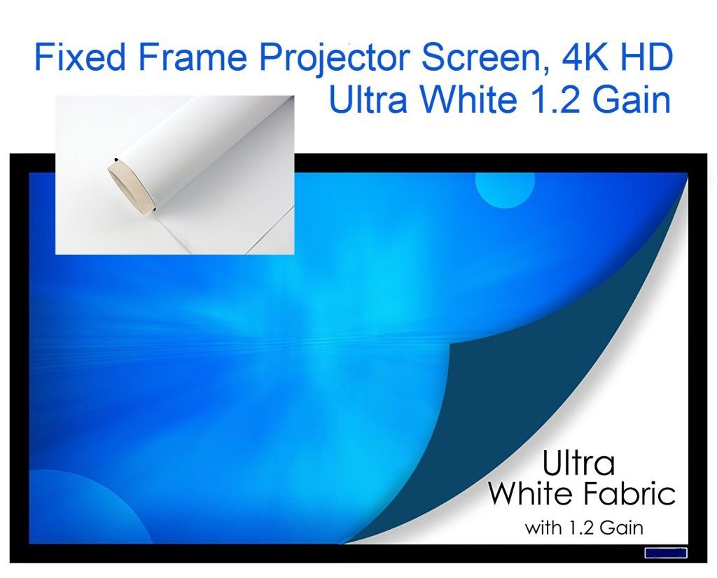 Fixed-frame projector screen with blue display, labeled 4K HD ultra white 1.2 gain