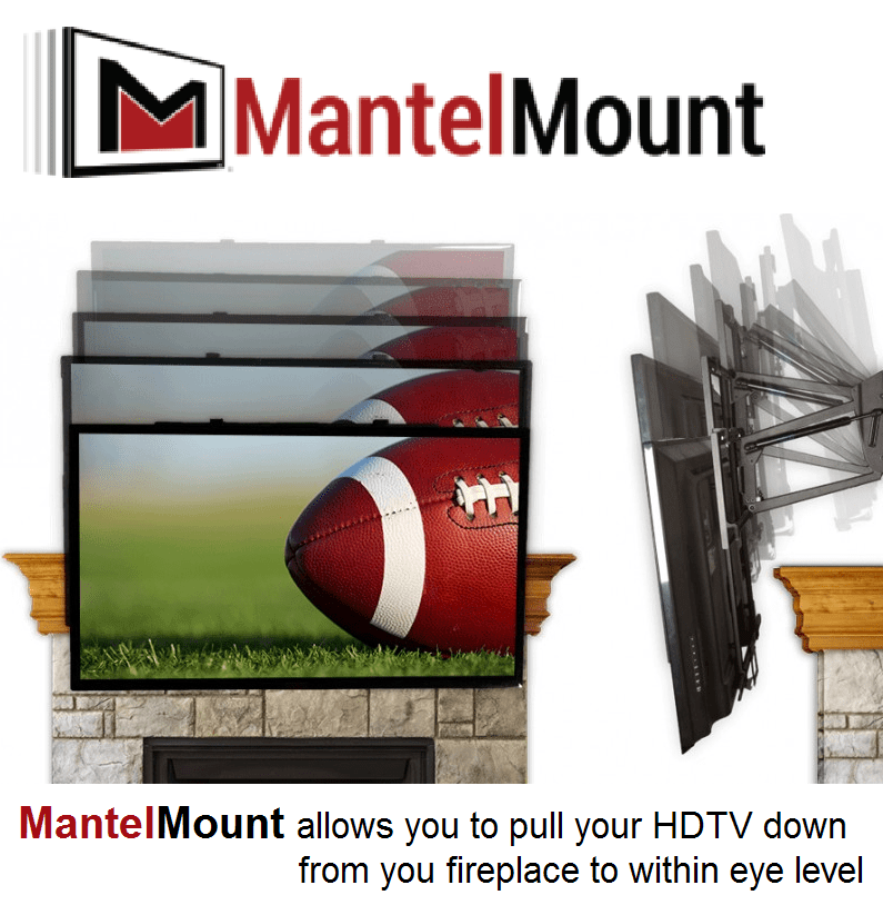 MantelMount TV mount lowering a flat-screen over a fireplace, with football image on the screen
