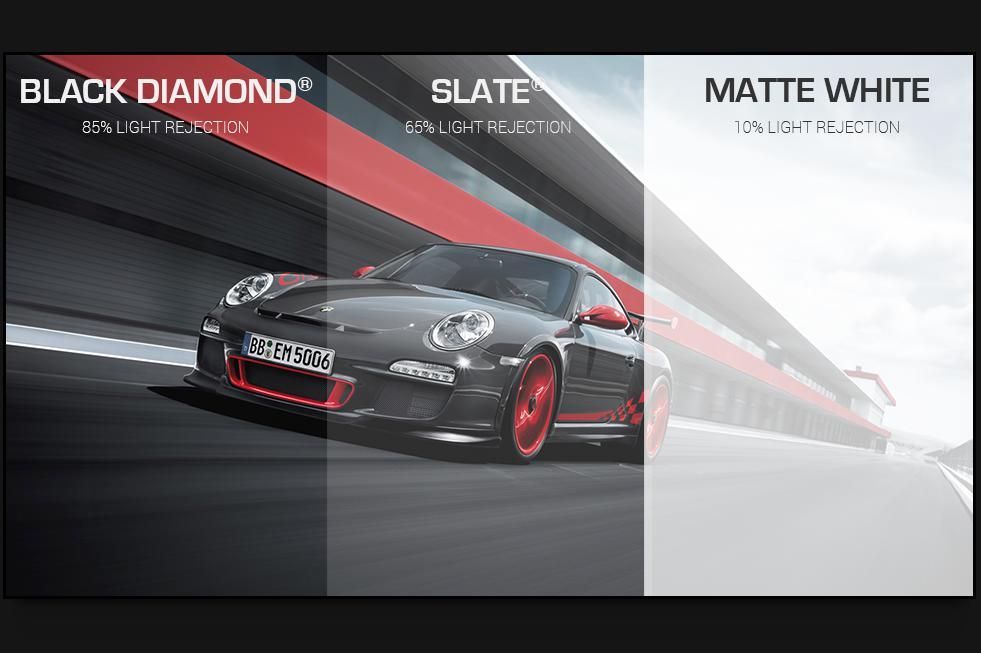 Sports car in black diamond, slate, and matte white color options on a racetrack.
