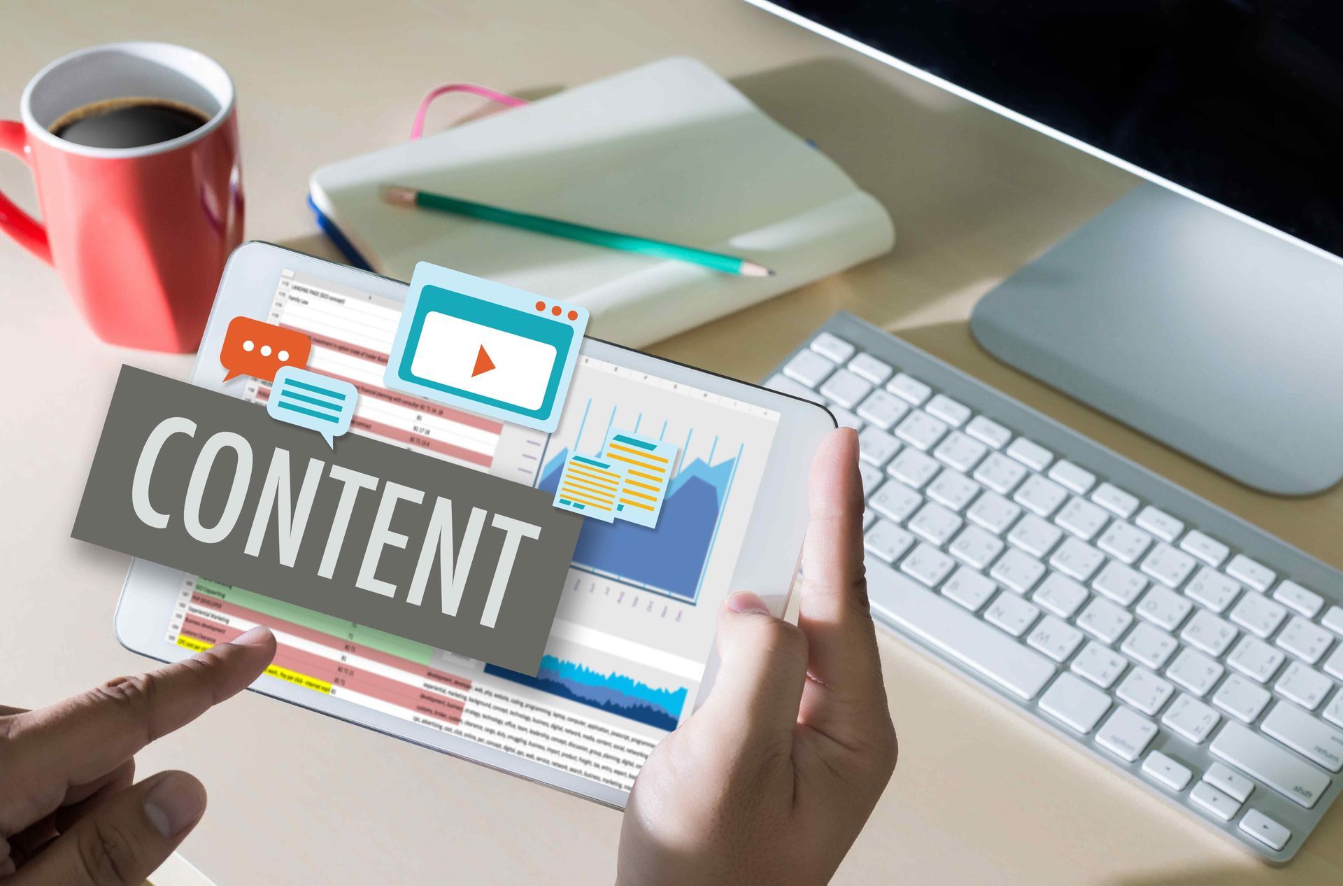 Image of a person holding a tablet that says