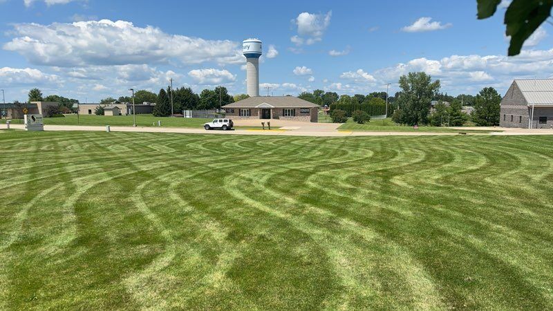 A lush green field with a water tower in the background.