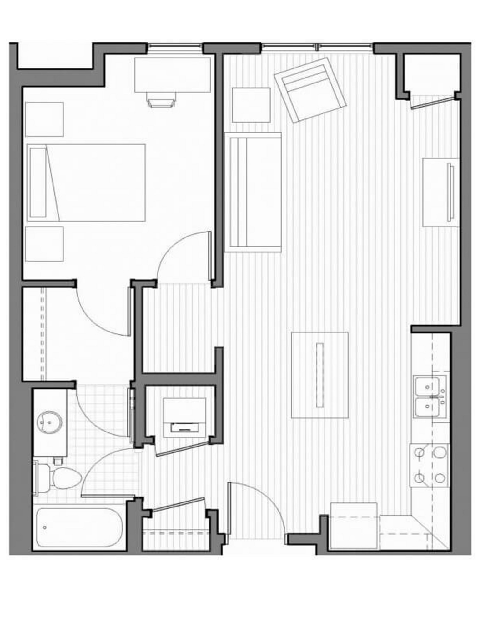A black and white floor plan of a small apartment.