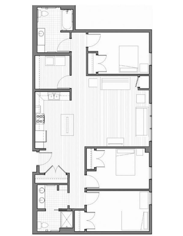 A black and white floor plan of a house with three bedrooms and a bathroom.