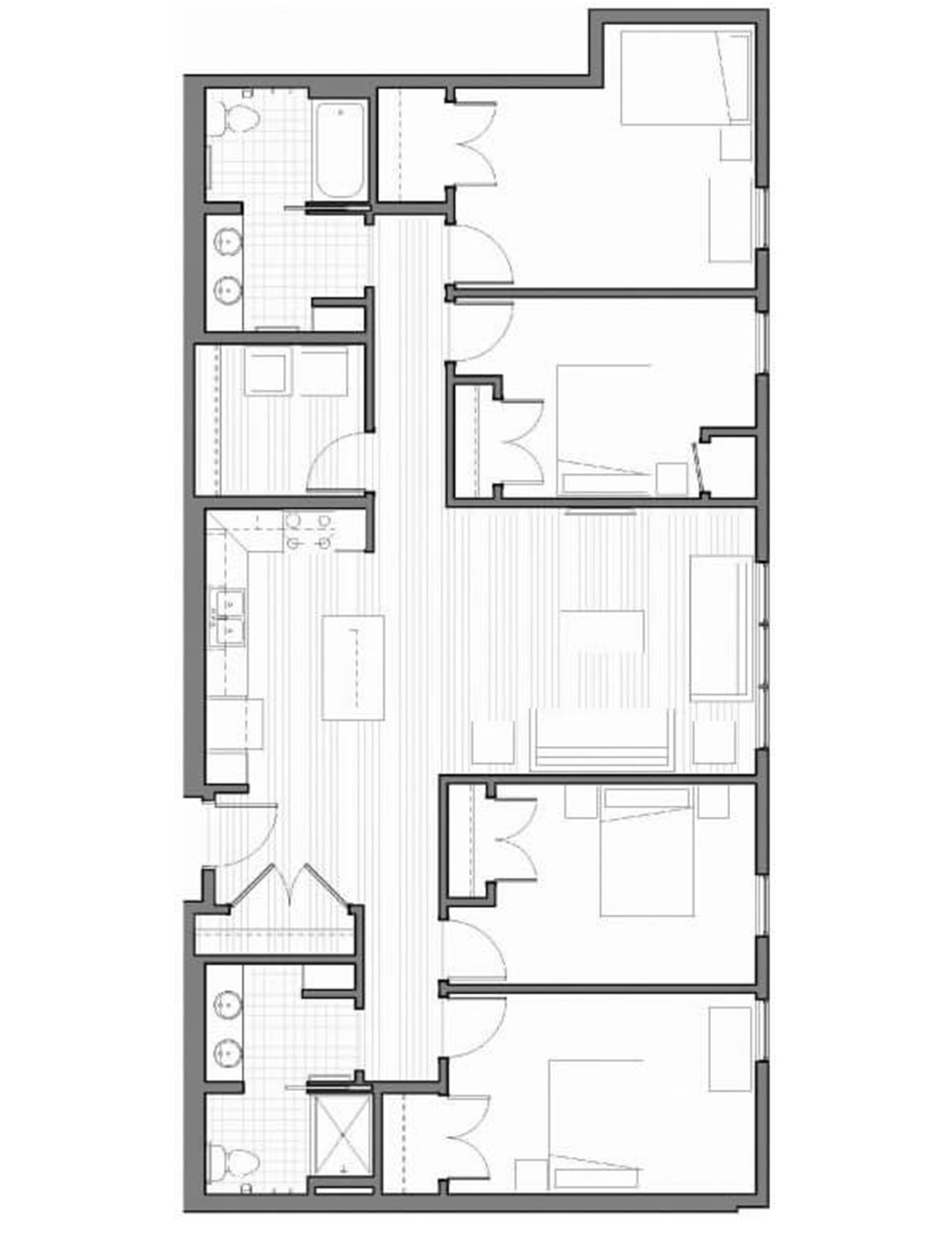 A black and white floor plan of a four bedroom apartment.