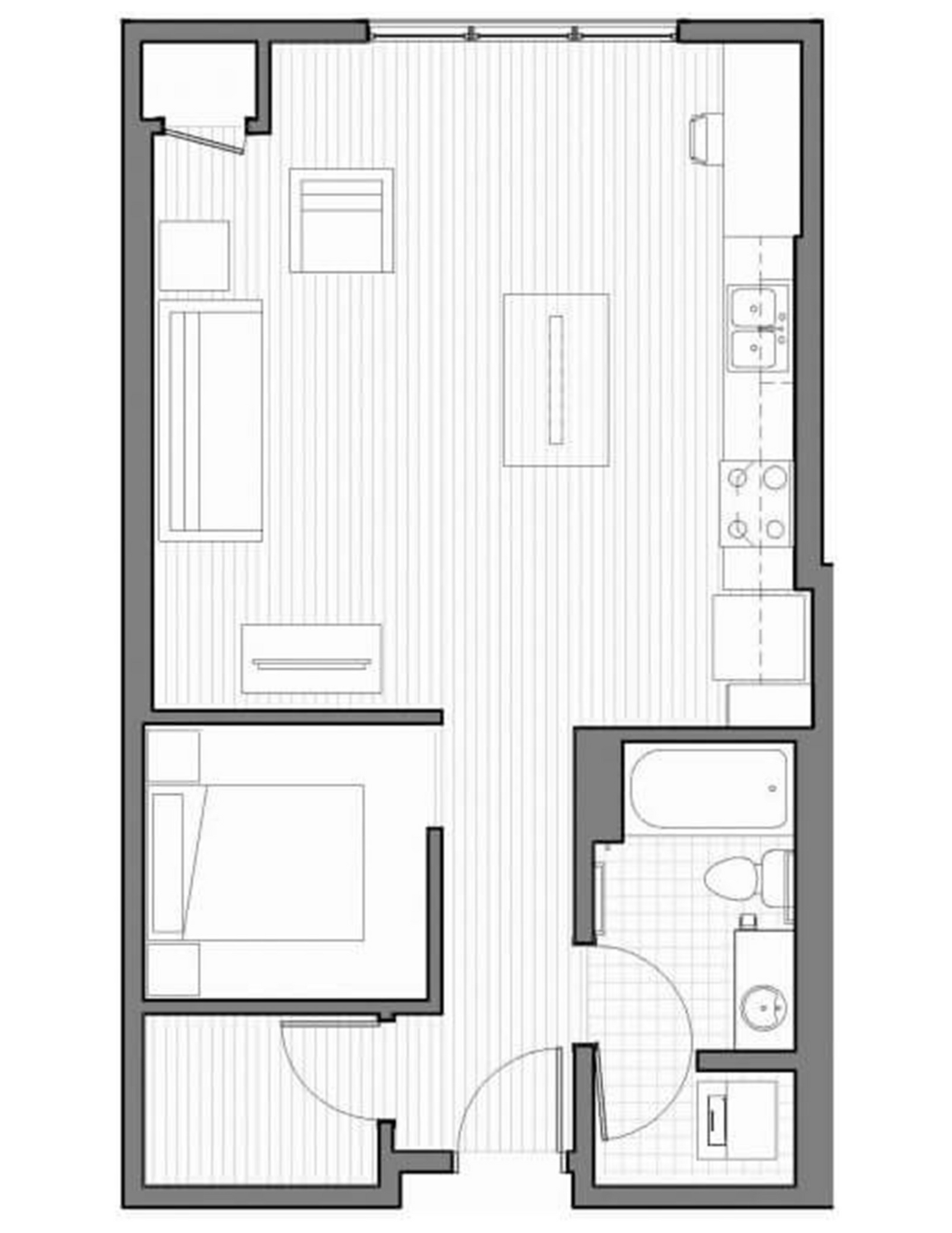 A black and white floor plan of a small apartment with a bedroom , living room , and kitchen.