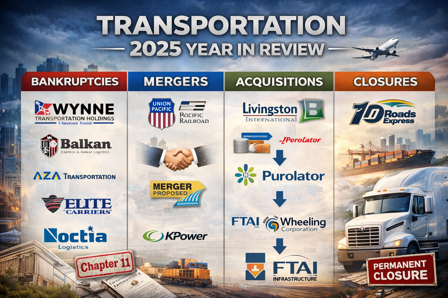 Infographic: Transportation industry review in 2025. Lists bankruptcies, mergers, acquisitions, and closures. Includes trucks, planes, and trains.