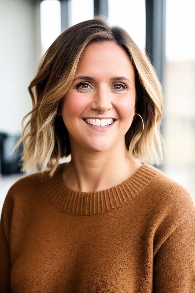 A woman in a brown sweater is smiling for the camera.