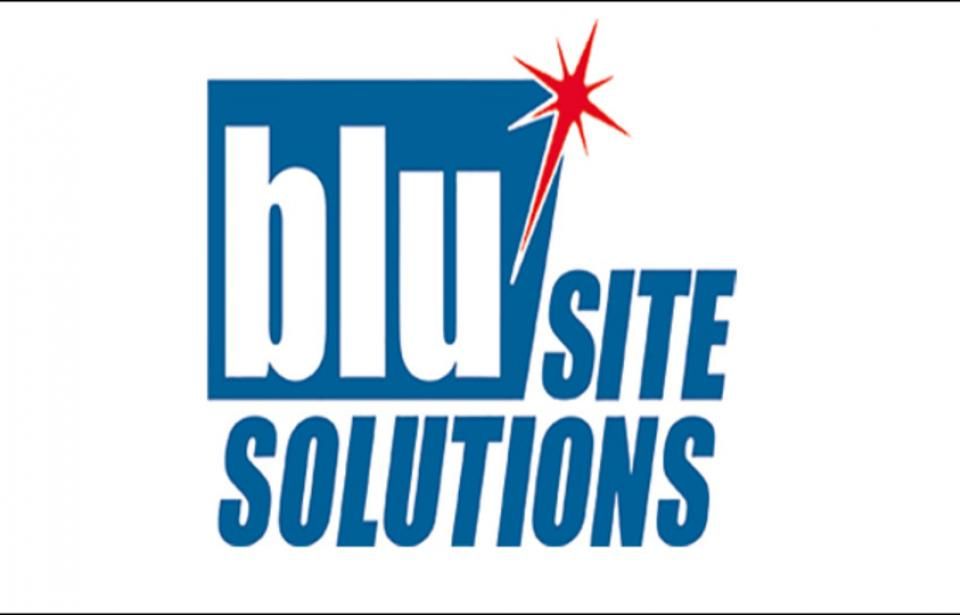 A blue and white logo for blu site solutions