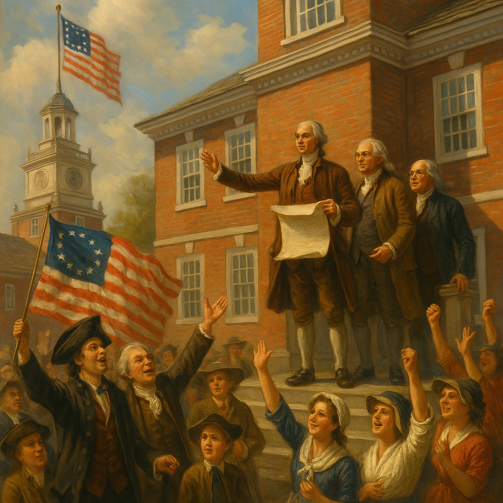 A painting of a group of people in front of a brick building