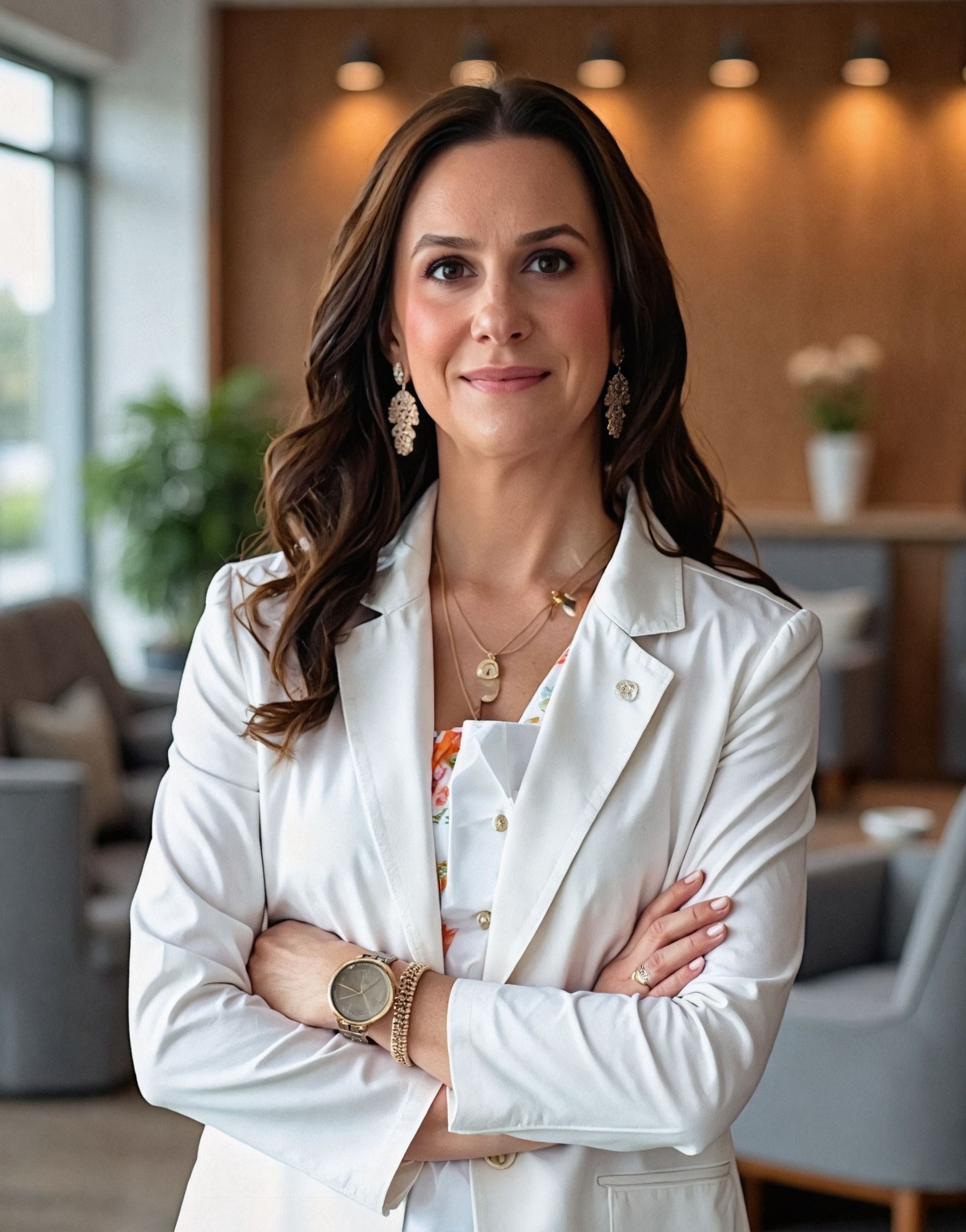 Woman in white blazer with arms crossed, smiling. Set in a well-lit office.