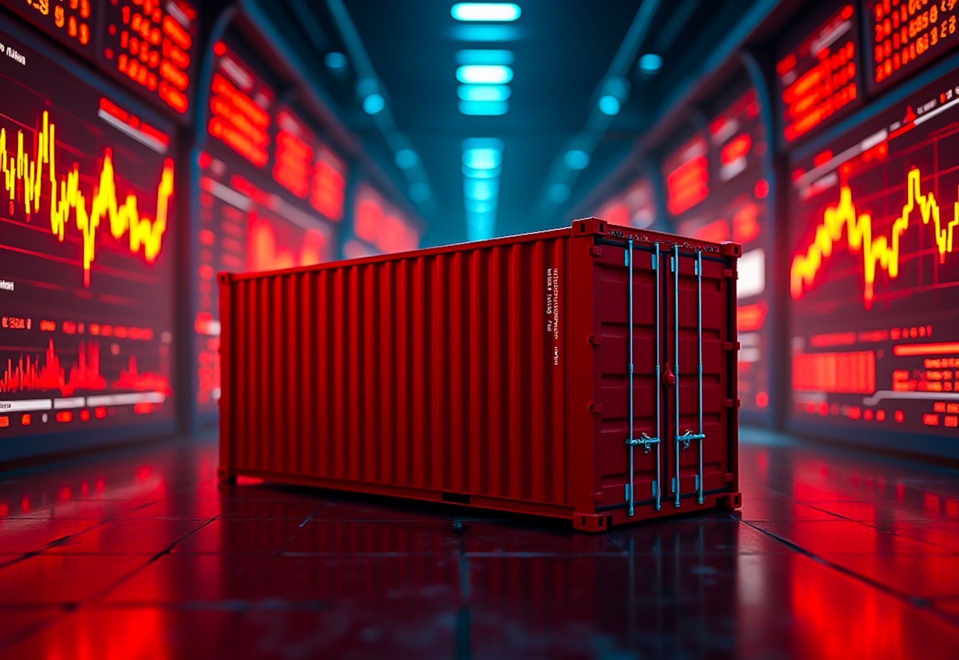A red shipping container is sitting in front of a wall with graphs on it.