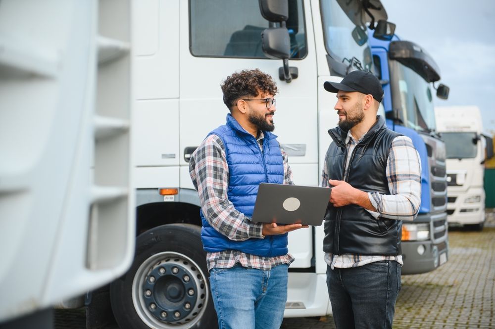 Two workers discussing beside parked white trucks, one holding a laptop.