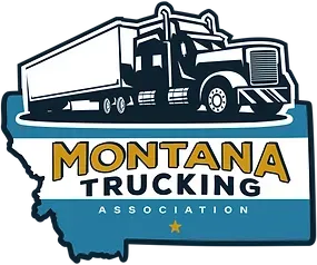 A logo for montana trucking association with a truck on top of a map of montana.