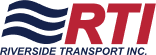 A red , white and blue logo for riverside transport inc.