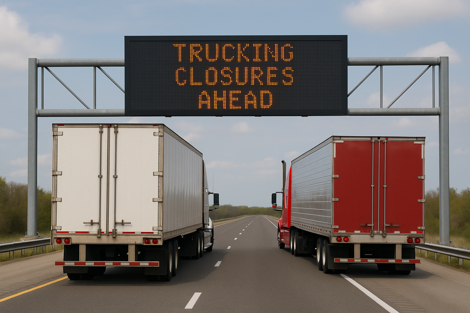 Two semi-trucks on highway, electronic sign above reads 
