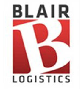 A red and white logo for blair logistics