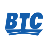 A blue and white logo for btc on a white background.