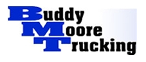 A blue and white logo for buddy moore trucking