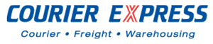 A blue and white logo for courier express