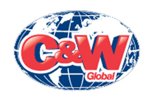 A logo for c & w global with a globe in the background