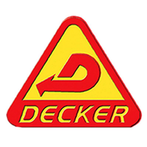 A yellow and red triangle with the word decker on it