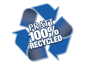 A blue recycling symbol that says pratt 100 % recycled