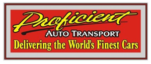 A red sign that says proficient auto transport delivering the world 's finest cars