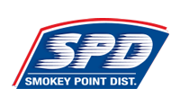 Logo of Smokey Point Dist. in blue with SPD text, red arc, white text.