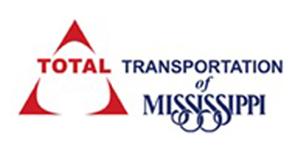 Logo for Total Transportation of Mississippi: red triangle with “TOTAL” in it; blue text of company name.