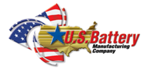 Logo for U.S. Battery Manufacturing Company. Features the USA flag, a star, and the USA map.