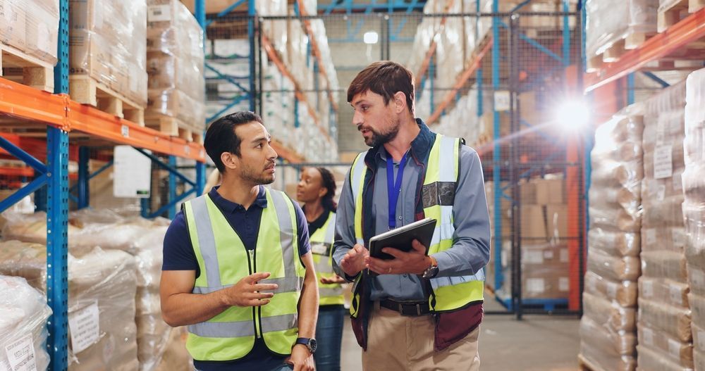 A group of people are standing in a warehouse looking at a tablet.