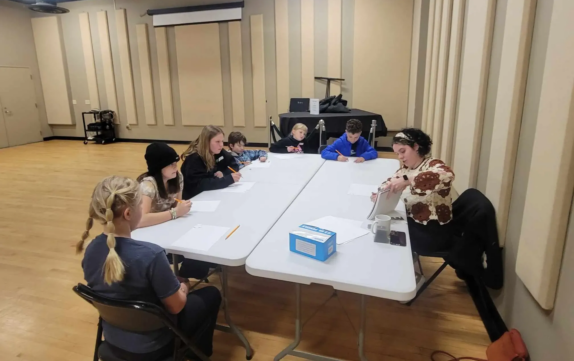 Group of children sitting around tables, writing. Classroom setting with soundproofing.