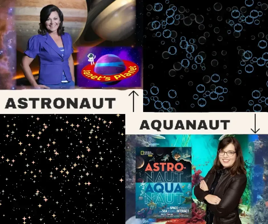 Astronaut and Aquanaut comparison: top, woman with space background and bubbles; bottom, stars and woman in aquarium.