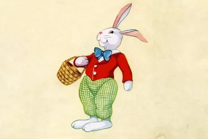 White rabbit with a red jacket, green pants, and blue bow tie, holding a basket.