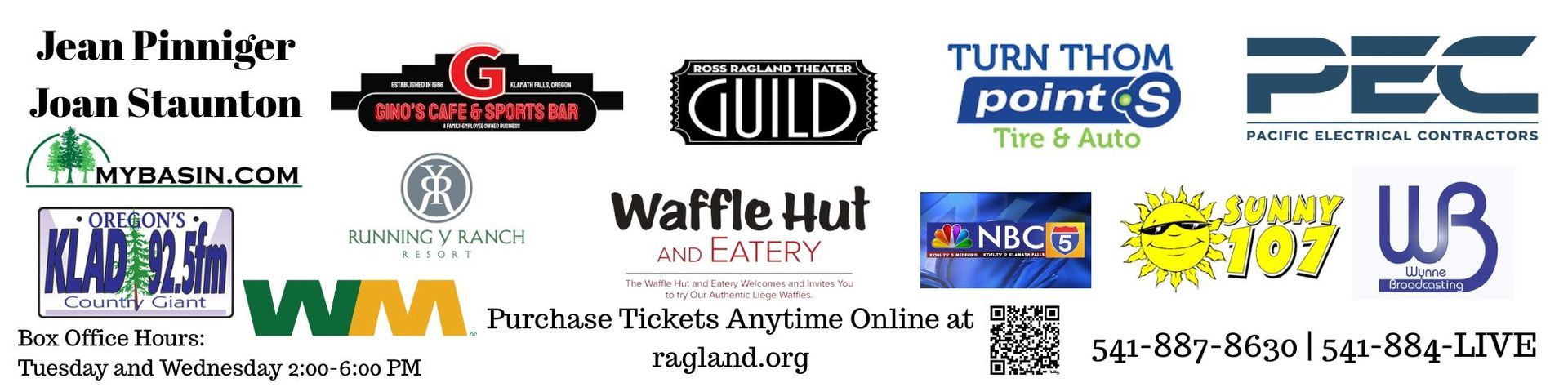 Logos of sponsors for an event. Text mentions Jean Plankare, Joan Staunton, and Waffle Hut.
