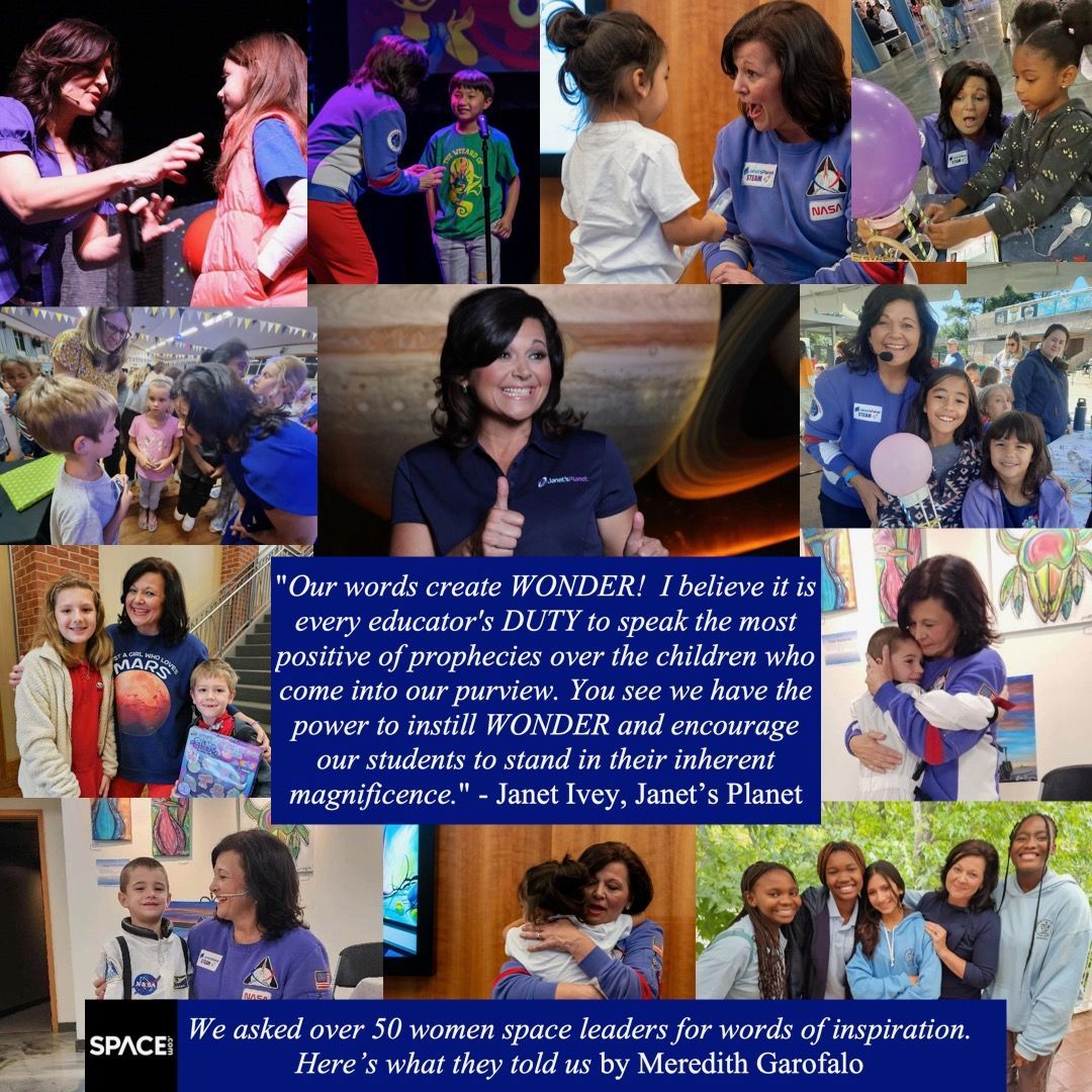 Collage of photos, featuring a woman inspiring children. Text reads